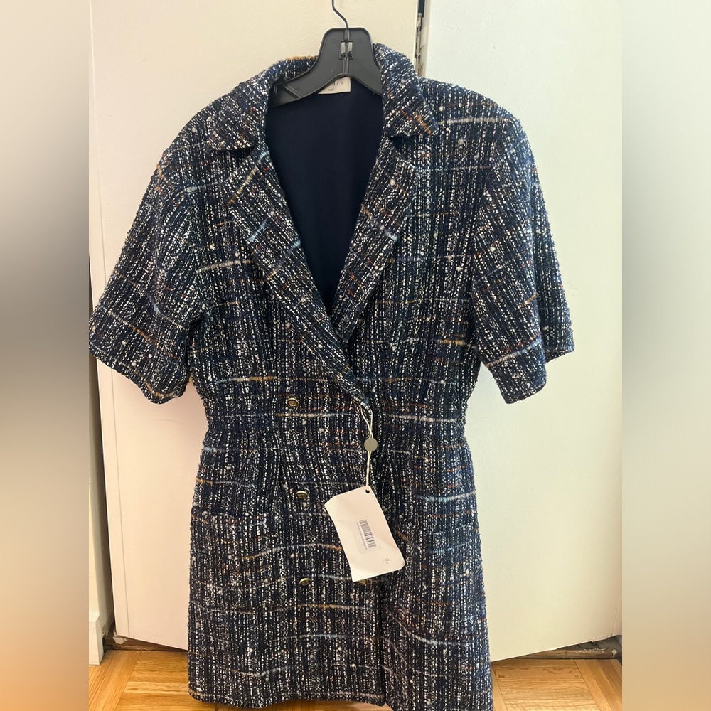 SANDRO
Double-breasted bouclé-tweed mini dress. Size 36. Brand New.
